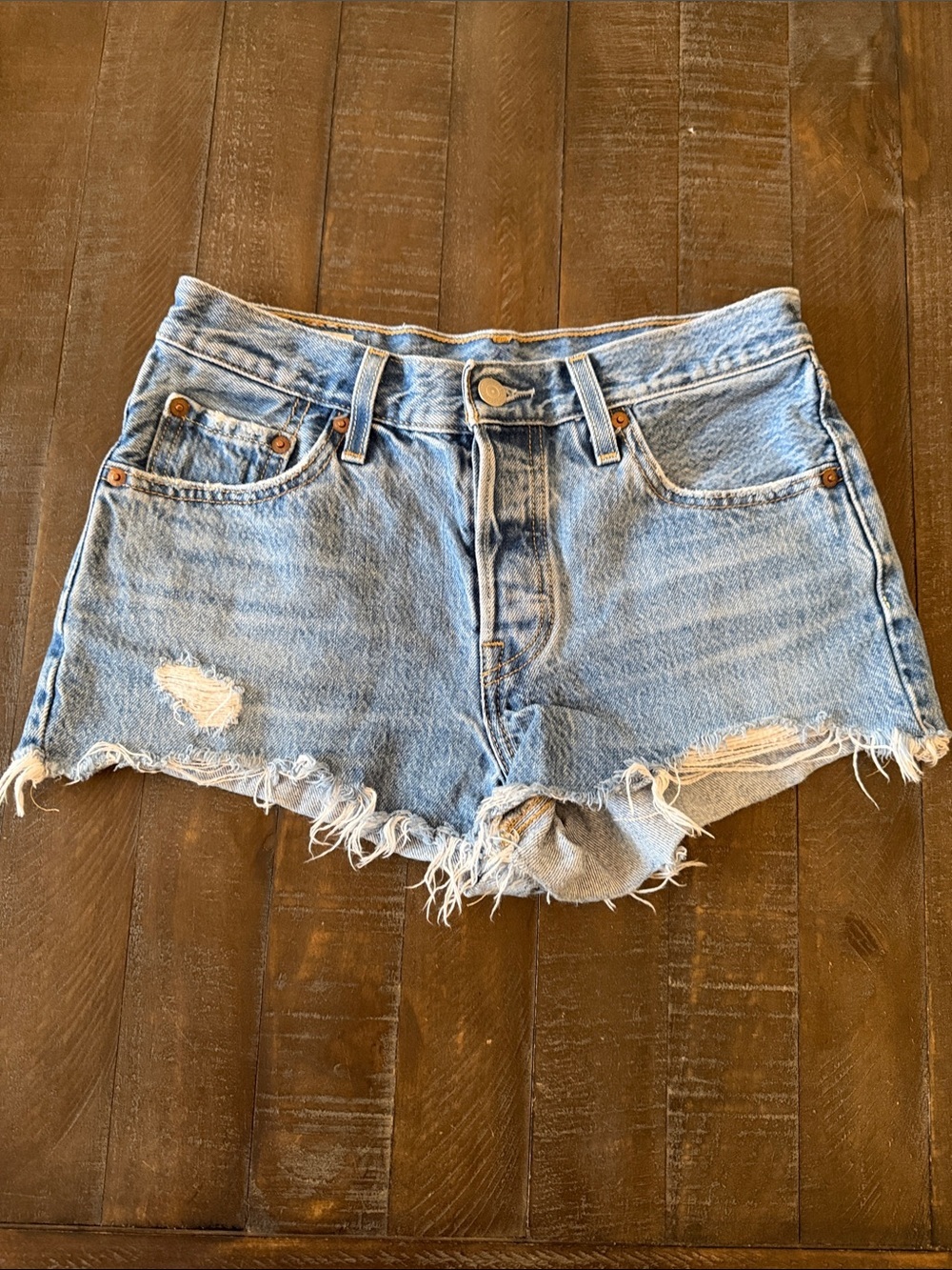 Levi's 501 Light Blue Distressed Denim Cutoff Shorts